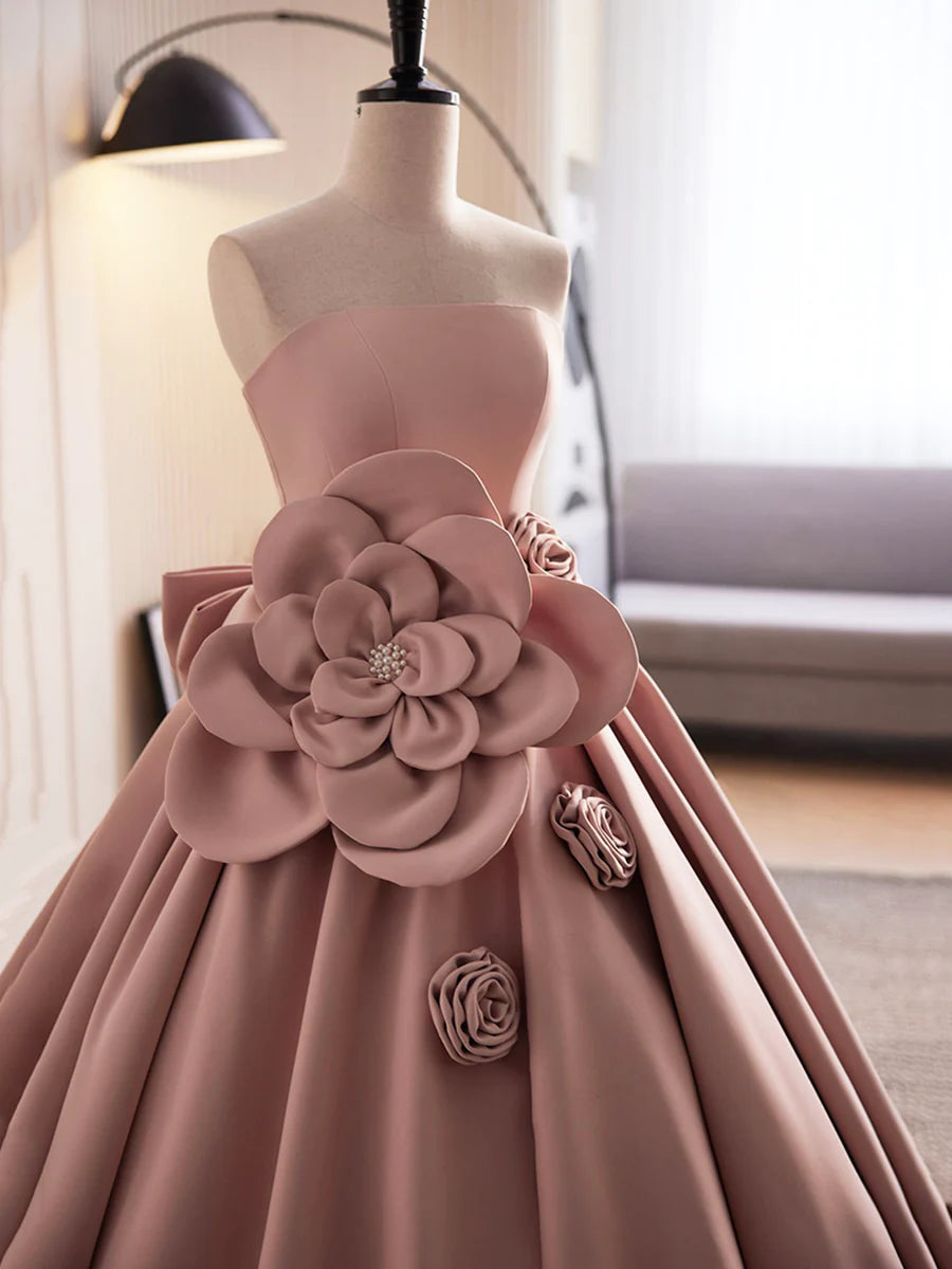 Pink Strapless Satin Long Prom Dress, Beautiful A-Line Evening Dress  TP357