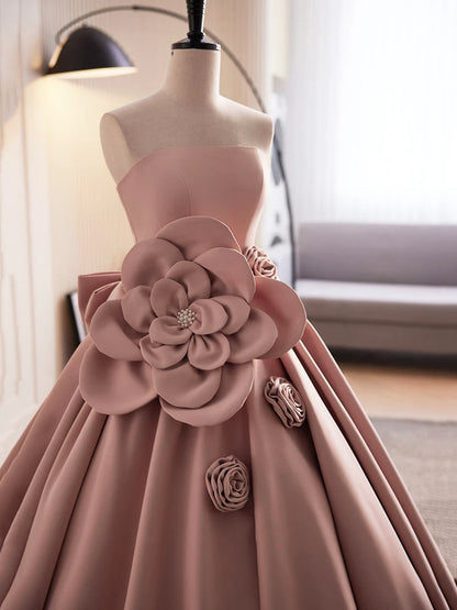 Pink Strapless Satin Long Prom Dress, Beautiful A-Line Evening Dress  TP357