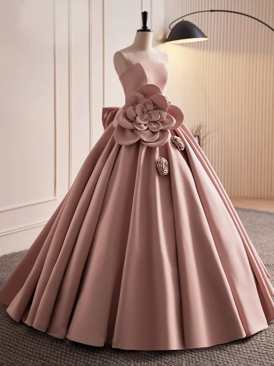 Pink Strapless Satin Long Prom Dress, Beautiful A-Line Evening Dress  TP357