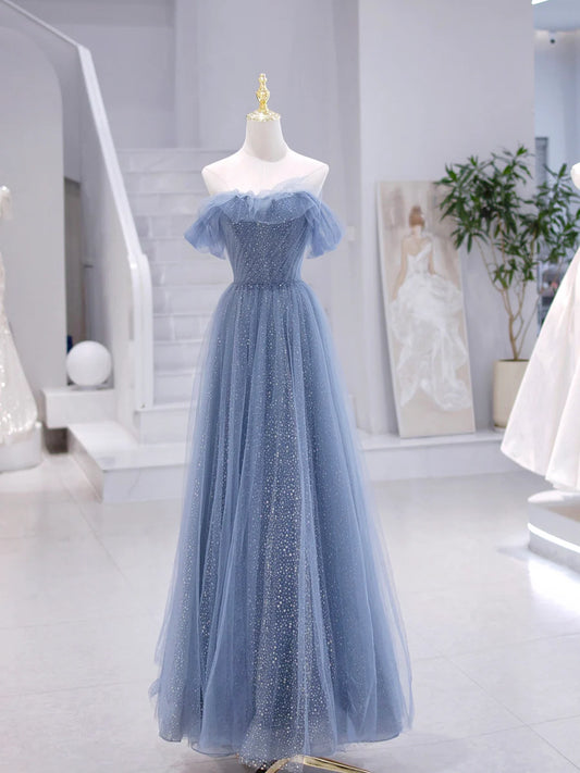 Blue Strapless Tulle Long Prom Dress, Blue A-Line Evening Dress  TP358