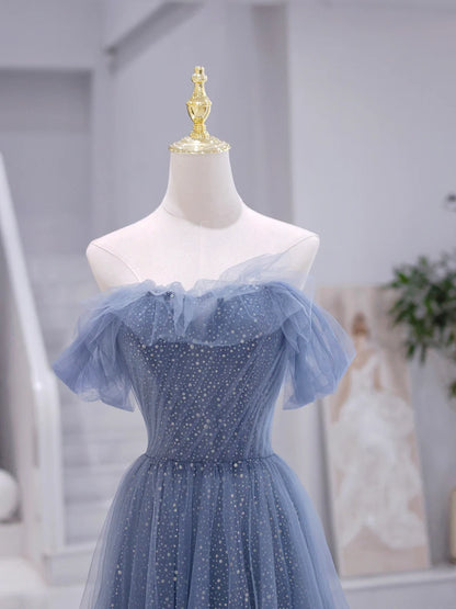 Blue Strapless Tulle Long Prom Dress, Blue A-Line Evening Dress  TP358