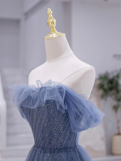 Blue Strapless Tulle Long Prom Dress, Blue A-Line Evening Dress  TP358