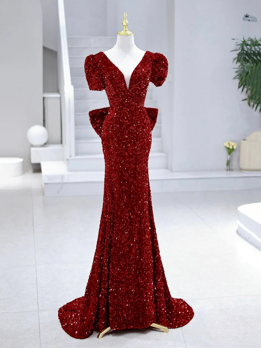 Mermaid Sequins Long Prom Dress, Burgundy V-Neck Evening Dress  TP360