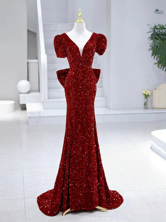 Mermaid Sequins Long Prom Dress, Burgundy V-Neck Evening Dress  TP360