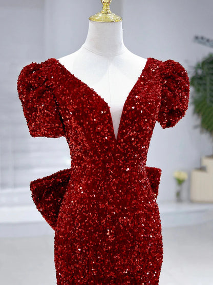 Mermaid Sequins Long Prom Dress, Burgundy V-Neck Evening Dress  TP360