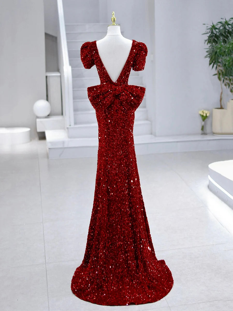 Mermaid Sequins Long Prom Dress, Burgundy V-Neck Evening Dress  TP360