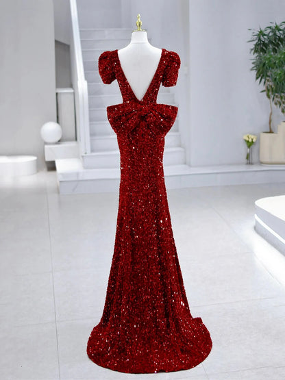 Mermaid Sequins Long Prom Dress, Burgundy V-Neck Evening Dress  TP360