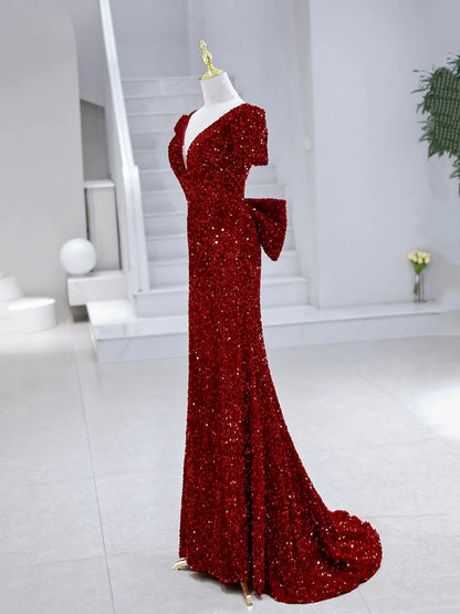 Mermaid Sequins Long Prom Dress, Burgundy V-Neck Evening Dress  TP360