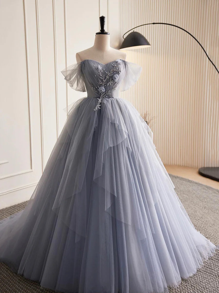 Gray Tulle Long A-Line Prom Dress, Off Shoulder Evening Dress Party Dress  TP361