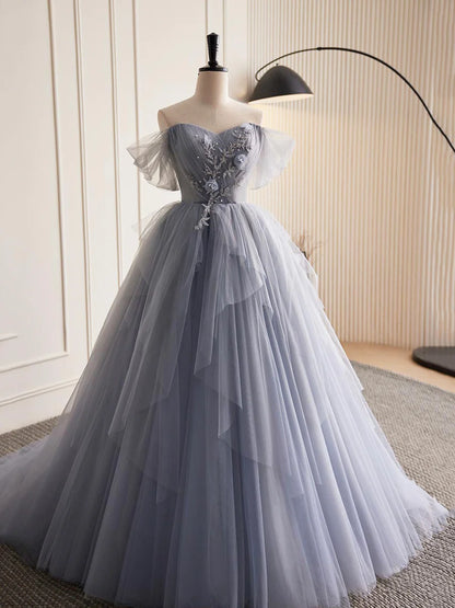 Gray Tulle Long A-Line Prom Dress, Off Shoulder Evening Dress Party Dress  TP361