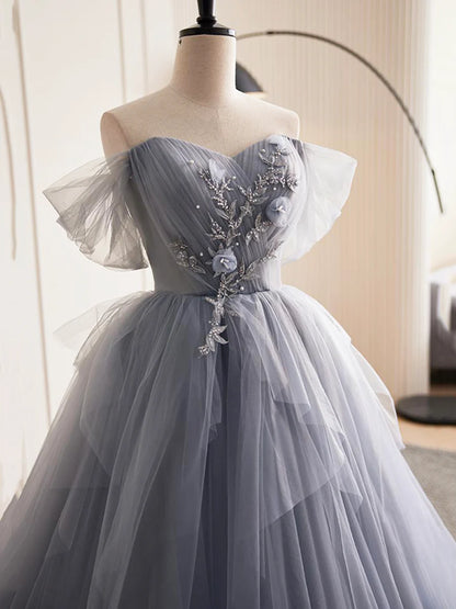 Gray Tulle Long A-Line Prom Dress, Off Shoulder Evening Dress Party Dress  TP361
