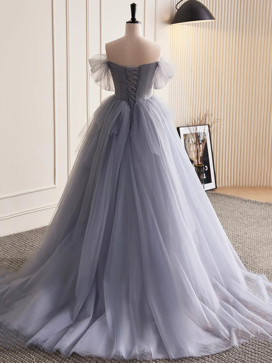 Gray Tulle Long A-Line Prom Dress, Off Shoulder Evening Dress Party Dress  TP361