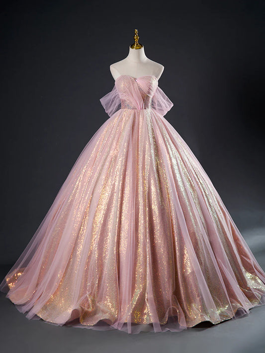 Pink Tulle Sequins Long Prom Dress, Beautiful A-Line Formal Dress Sweet 16 Dress  TP362