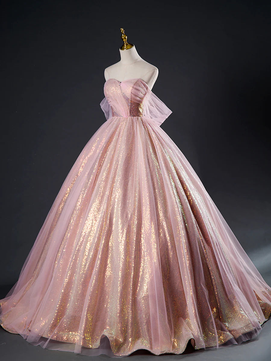 Pink Tulle Sequins Long Prom Dress, Beautiful A-Line Formal Dress Sweet 16 Dress  TP362