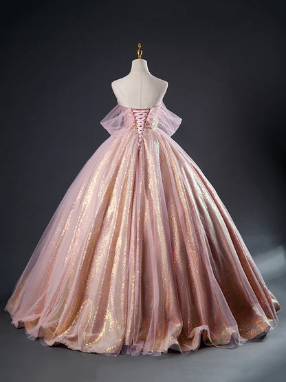 Pink Tulle Sequins Long Prom Dress, Beautiful A-Line Formal Dress Sweet 16 Dress  TP362