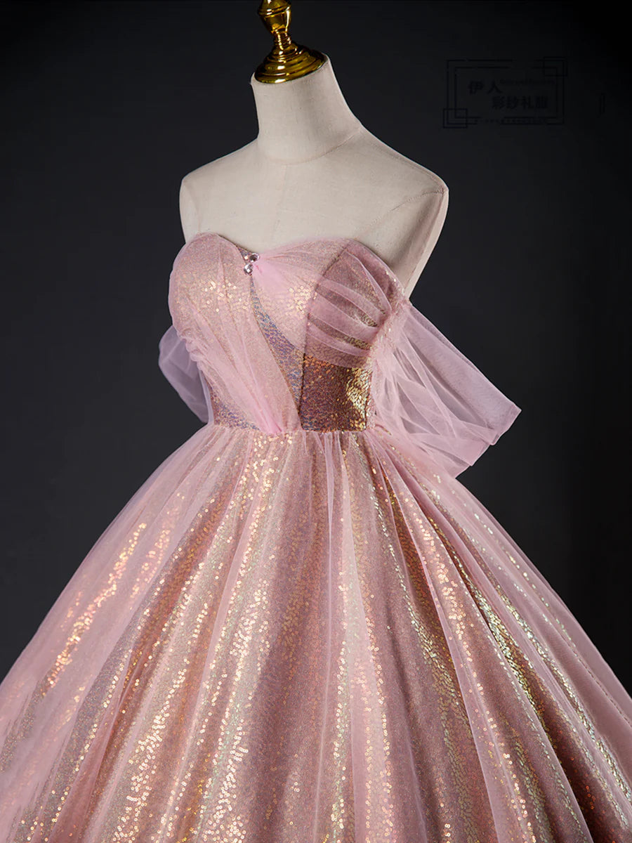 Pink Tulle Sequins Long Prom Dress, Beautiful A-Line Formal Dress Sweet 16 Dress  TP362