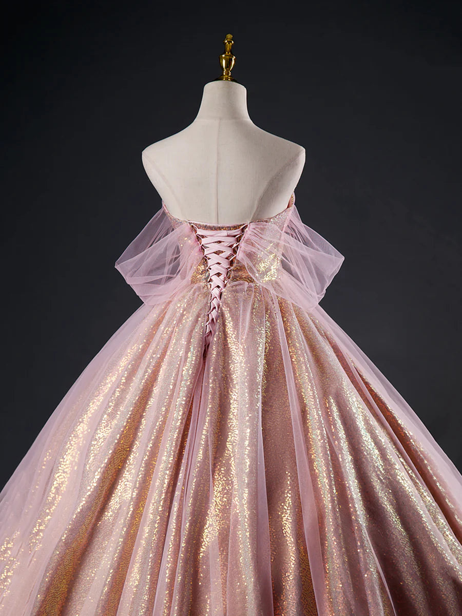 Pink Tulle Sequins Long Prom Dress, Beautiful A-Line Formal Dress Sweet 16 Dress  TP362