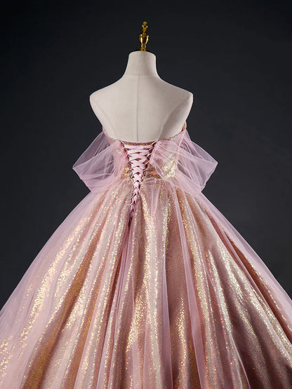 Pink Tulle Sequins Long Prom Dress, Beautiful A-Line Formal Dress Sweet 16 Dress  TP362