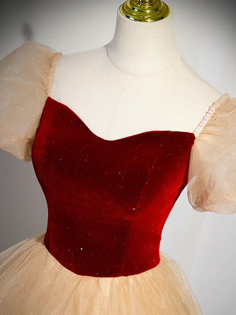 Cute Velvet Tulle Long Prom Dress, A-Line Short Sleeve Formal Dress  TP363