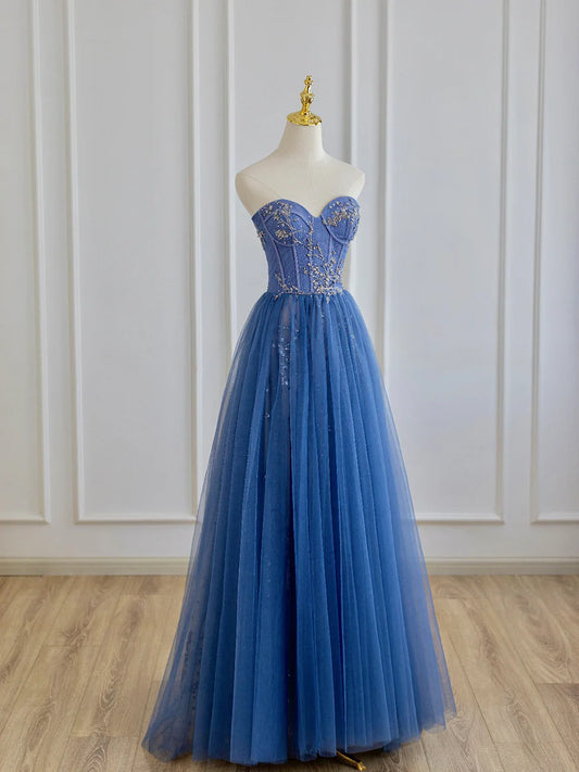 Blue Strapless Tulle Long Prom Dress with Beaded, A-Line Evening Formal Dress  TP364
