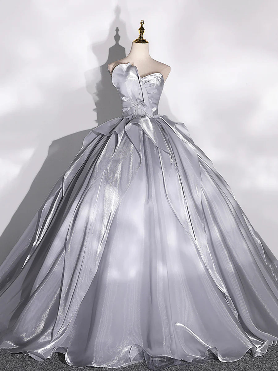 Gray Strapless Tulle Long Ball Gown, A-Line Evening Dress Formal Dress  TP365