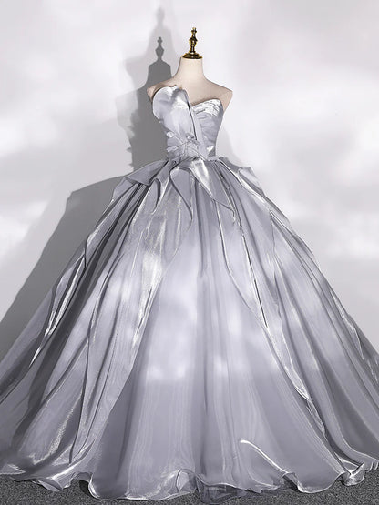 Gray Strapless Tulle Long Ball Gown, A-Line Evening Dress Formal Dress  TP365