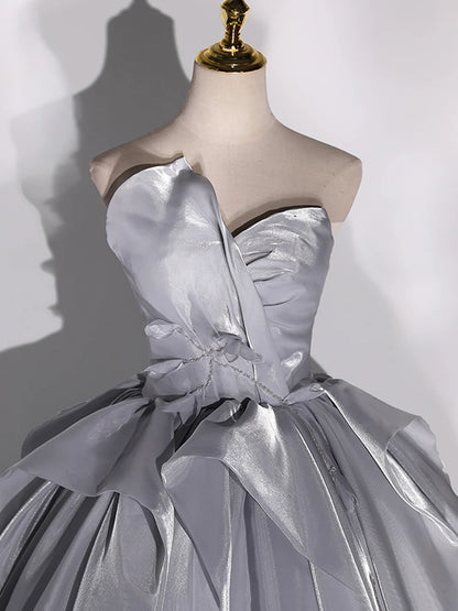 Gray Strapless Tulle Long Ball Gown, A-Line Evening Dress Formal Dress  TP365