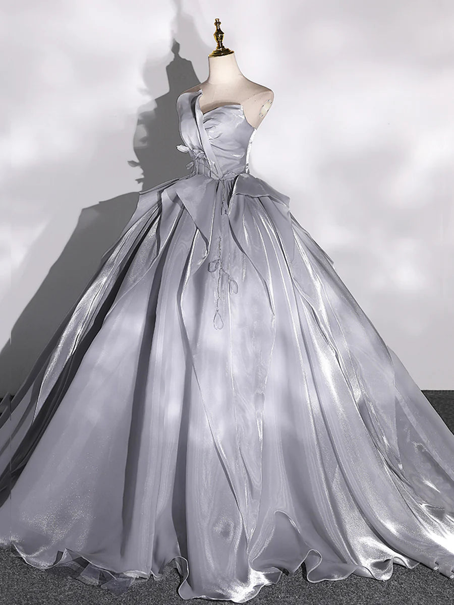 Gray Strapless Tulle Long Ball Gown, A-Line Evening Dress Formal Dress  TP365