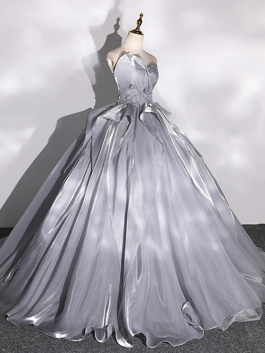 Gray Strapless Tulle Long Ball Gown, A-Line Evening Dress Formal Dress  TP365