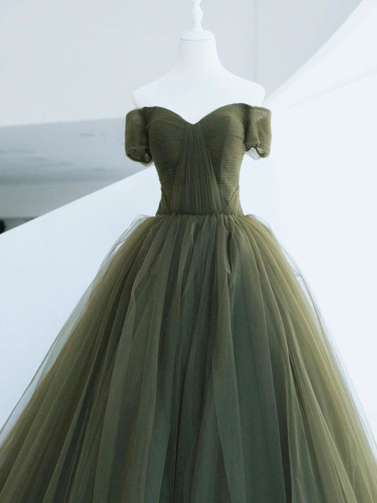 Green Tulle Long Prom Dress, A-Line Off Shoulder Evening Dress  TP367