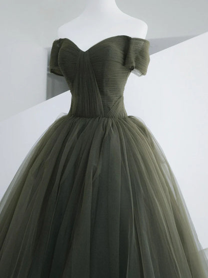 Green Tulle Long Prom Dress, A-Line Off Shoulder Evening Dress  TP367