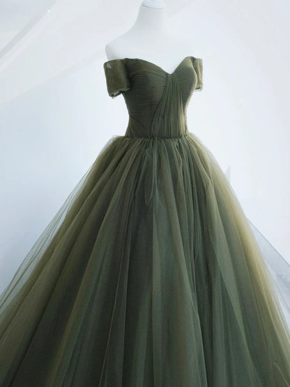 Green Tulle Long Prom Dress, A-Line Off Shoulder Evening Dress  TP367