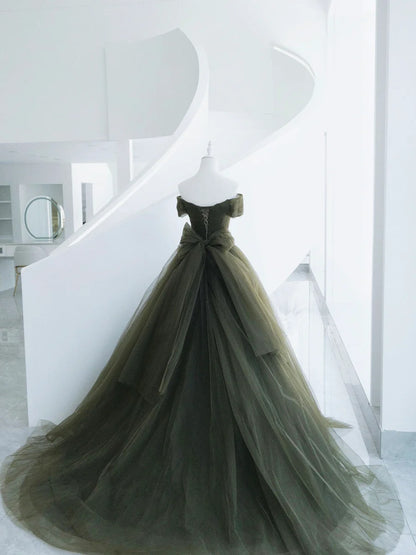Green Tulle Long Prom Dress, A-Line Off Shoulder Evening Dress  TP367