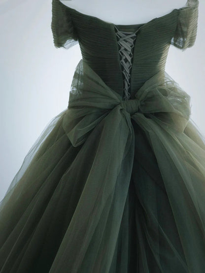 Green Tulle Long Prom Dress, A-Line Off Shoulder Evening Dress  TP367