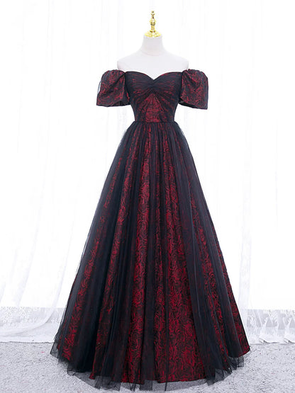 Black Tulle A-Line Prom Dress with Rose Print, Black Off Shoulder Evening Party Dress  TP368