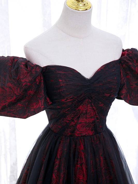 Black Tulle A-Line Prom Dress with Rose Print, Black Off Shoulder Evening Party Dress  TP368