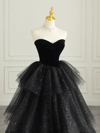 Black Strapless Tulle Formal Dress with Velvet, A-Line Sweetheart Neck Long Prom Dress  TP369