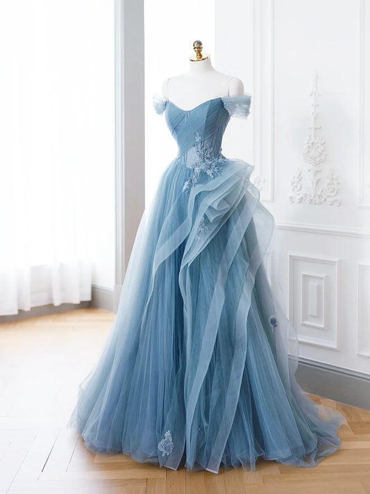Blue Tulle Lace Long Formal Dress, A-Line Blue Evening Prom Dress  TP370