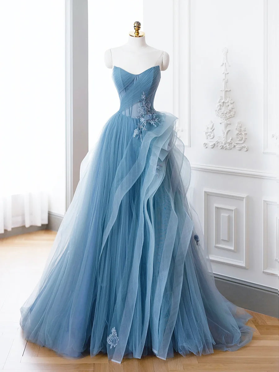 Blue Tulle Lace Long Formal Dress, A-Line Blue Evening Prom Dress  TP370