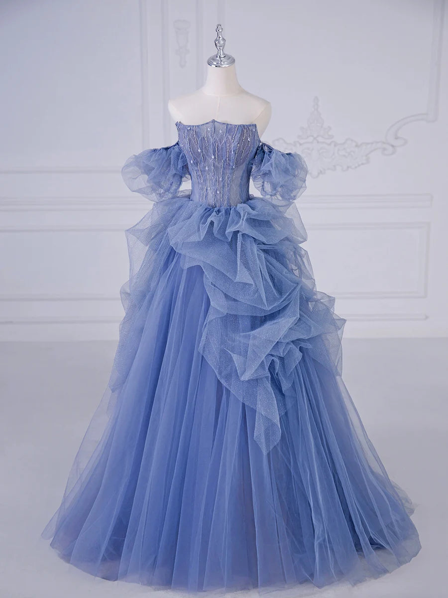 Blue Tulle Beaded Long Prom Dress, Blue A-Line Evening Party Dress  TP371