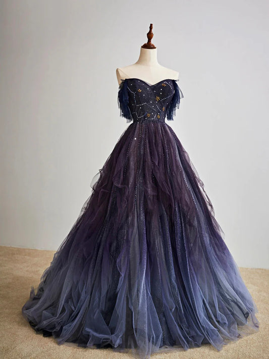 Purple Gradient Tulle Long Prom Dress, Beautiful A-Line Evening Party Dress  TP372