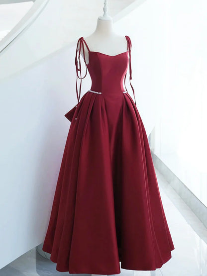 Burgundy Satin Long Prom Dress, A-Line Evening Dress with Bow  TP373