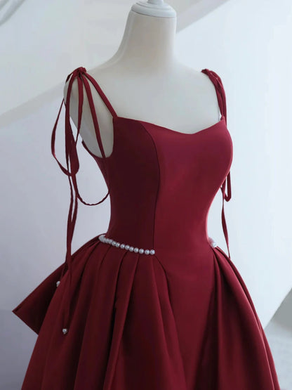 Burgundy Satin Long Prom Dress, A-Line Evening Dress with Bow  TP373