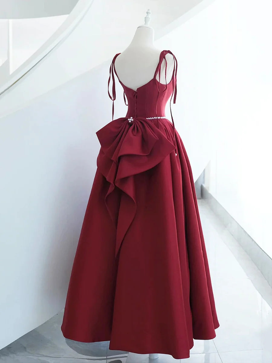 Burgundy Satin Long Prom Dress, A-Line Evening Dress with Bow  TP373