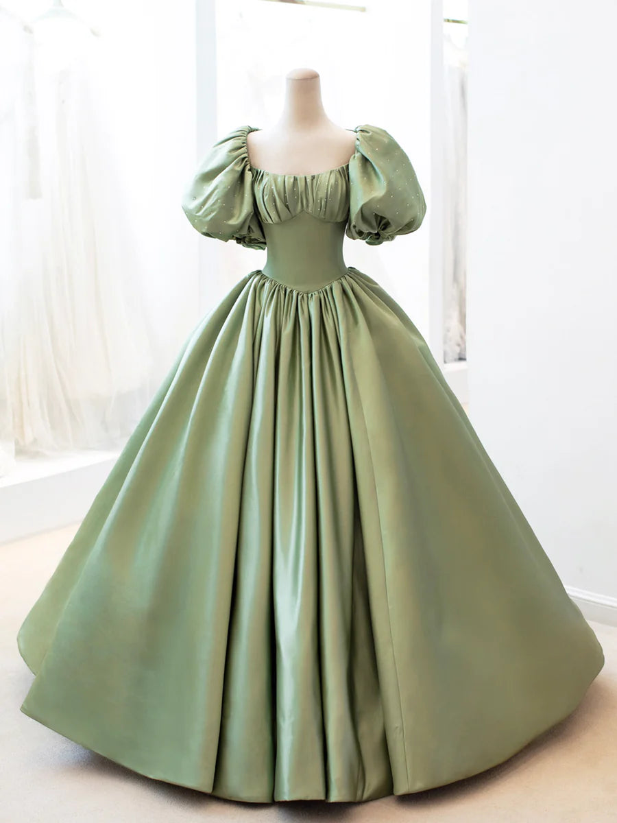 Green Satin Formal Evening Gown with Puff Sleeve, A-Line Long Prom Dress  TP374