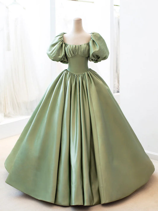 Green Satin Formal Evening Gown with Puff Sleeve, A-Line Long Prom Dress  TP374