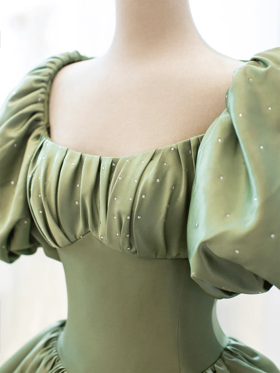 Green Satin Formal Evening Gown with Puff Sleeve, A-Line Long Prom Dress  TP374