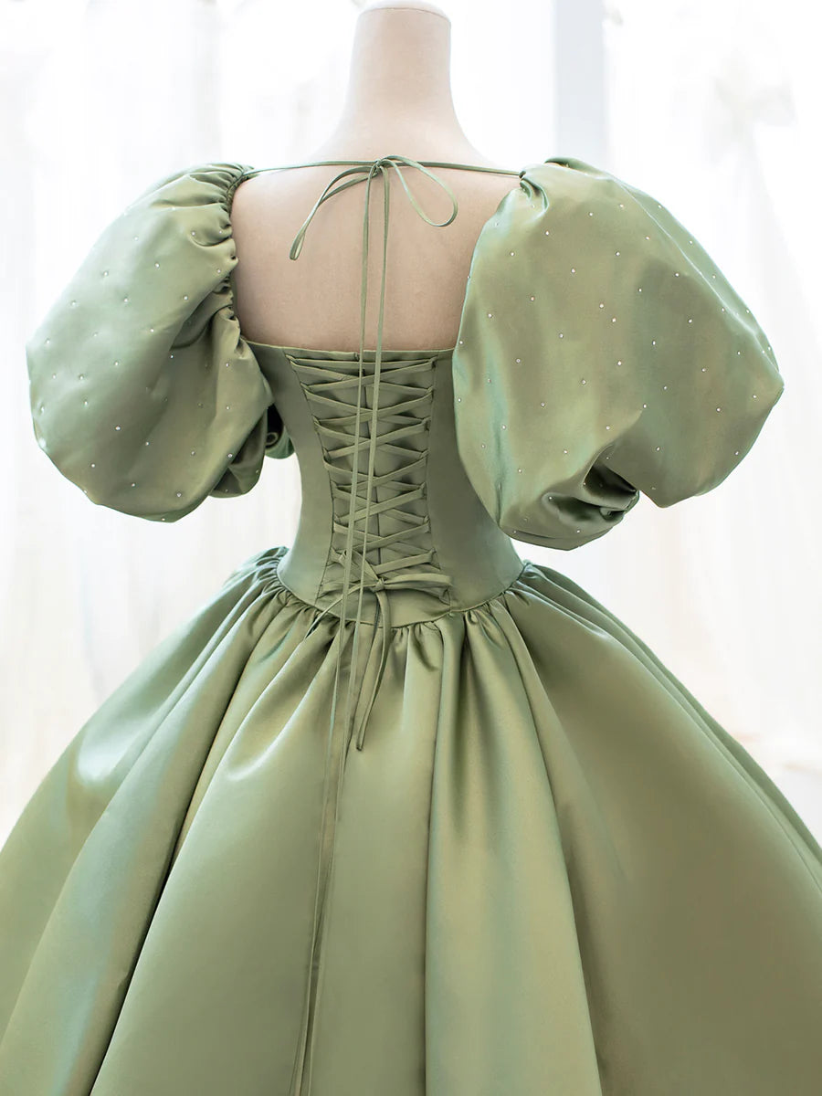 Green Satin Formal Evening Gown with Puff Sleeve, A-Line Long Prom Dress  TP374
