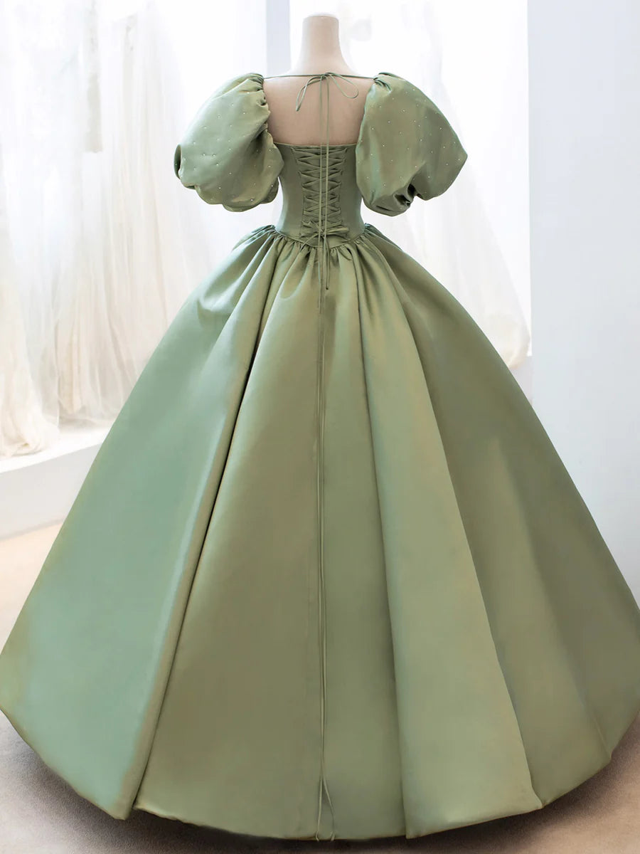 Green Satin Formal Evening Gown with Puff Sleeve, A-Line Long Prom Dress  TP374