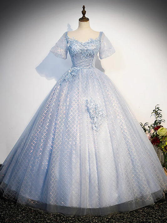 Blue Tulle Lace Long Prom Dress, Shiny A-Line Short Sleeve Evening Dress  TP375
